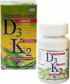 Vitamins Extra D3 5000IU & K2 120mcg,60-Extra D3 5000IU & K2 120mcg, 60, Βιταμίνηs